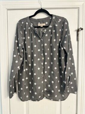 LOFT Charcoal and White Polka Dot Blouse